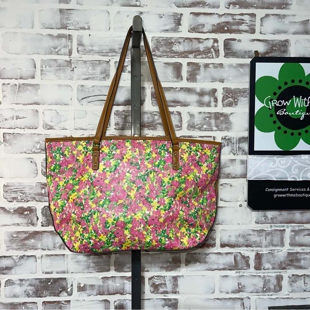 Floral Tote Bag with Tan Straps